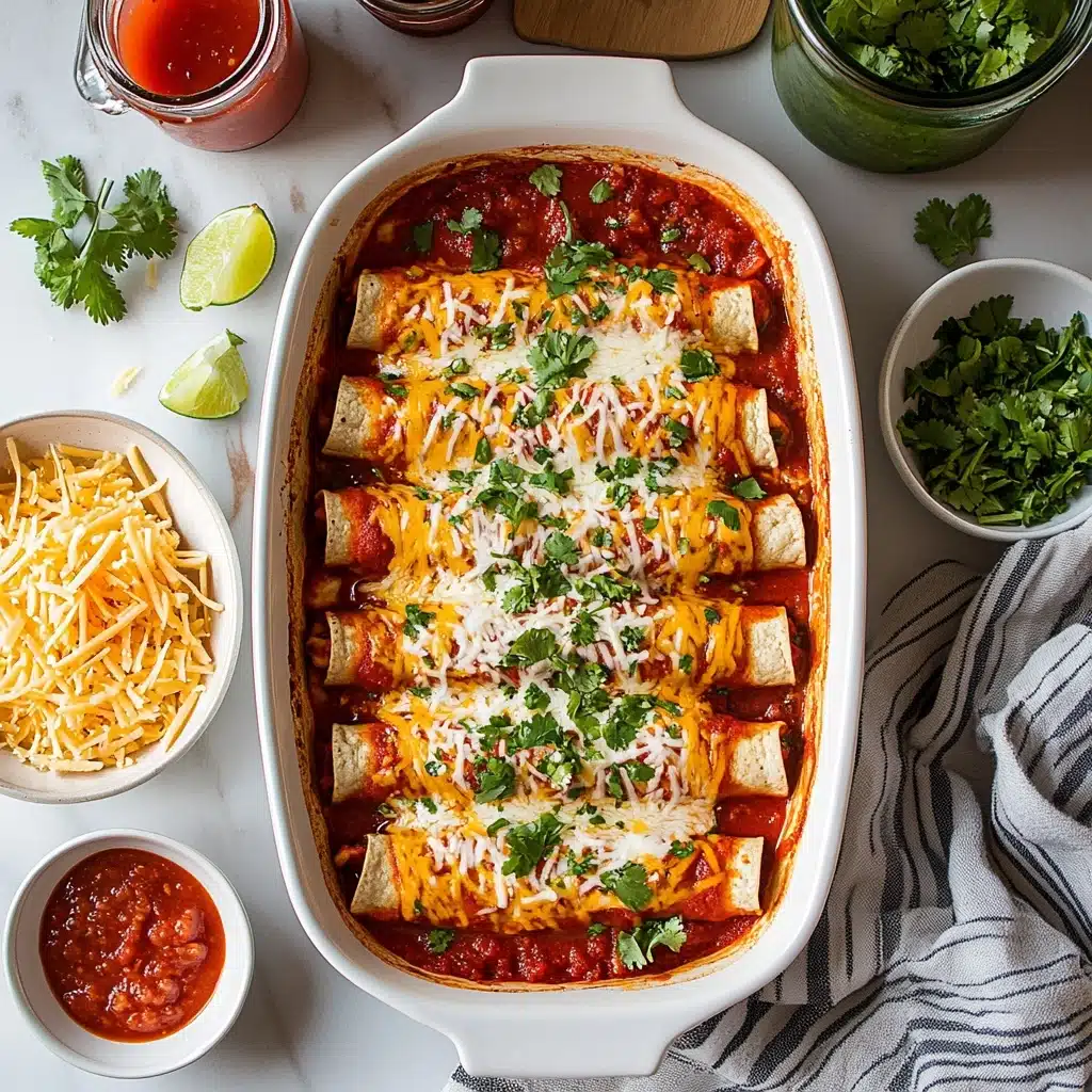 Homemade Easy Beef Enchiladas, beef enchiladas, homemade enchiladas, easy enchilada recipe, Mexican beef enchiladas A white baking dish holds seven rolled tortillas placed side by side, each covered with a bright red sauce. On top of the sauce, there is a layer of melted shredded cheese in yellow and white colors, scattered evenly. Fresh chopped green herbs are sprinkled down the center of the dish. Around the baking dish on a white marbled surface, there is a bowl of finely chopped red and green salsa, two clear mugs of light amber drink, a white bowl with shredded cheese and tortillas, a small white bowl with lime wedges, a jar with red sauce, and a striped gray cloth.