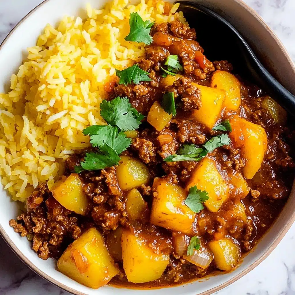 Mexican Ground Beef and Potatoes, Mexican Ground Beef and Potatoes recipe, easy Mexican ground beef dinner, weeknight Mexican skillet, comforting Mexican beef and potatoes The dish shows a white bowl filled with two main layers: on the left side, there is bright yellow rice with a fluffy texture, while on the right side, chunks of cooked golden-yellow potatoes mixed with browned ground meat and bits of onions create a saucy stew-like layer. The meat and potatoes are coated in a rich reddish-brown sauce, and fresh green cilantro leaves are scattered lightly on top. The bowl sits on a white marbled surface, with a dark spoon partially visible on the right edge of the bowl.