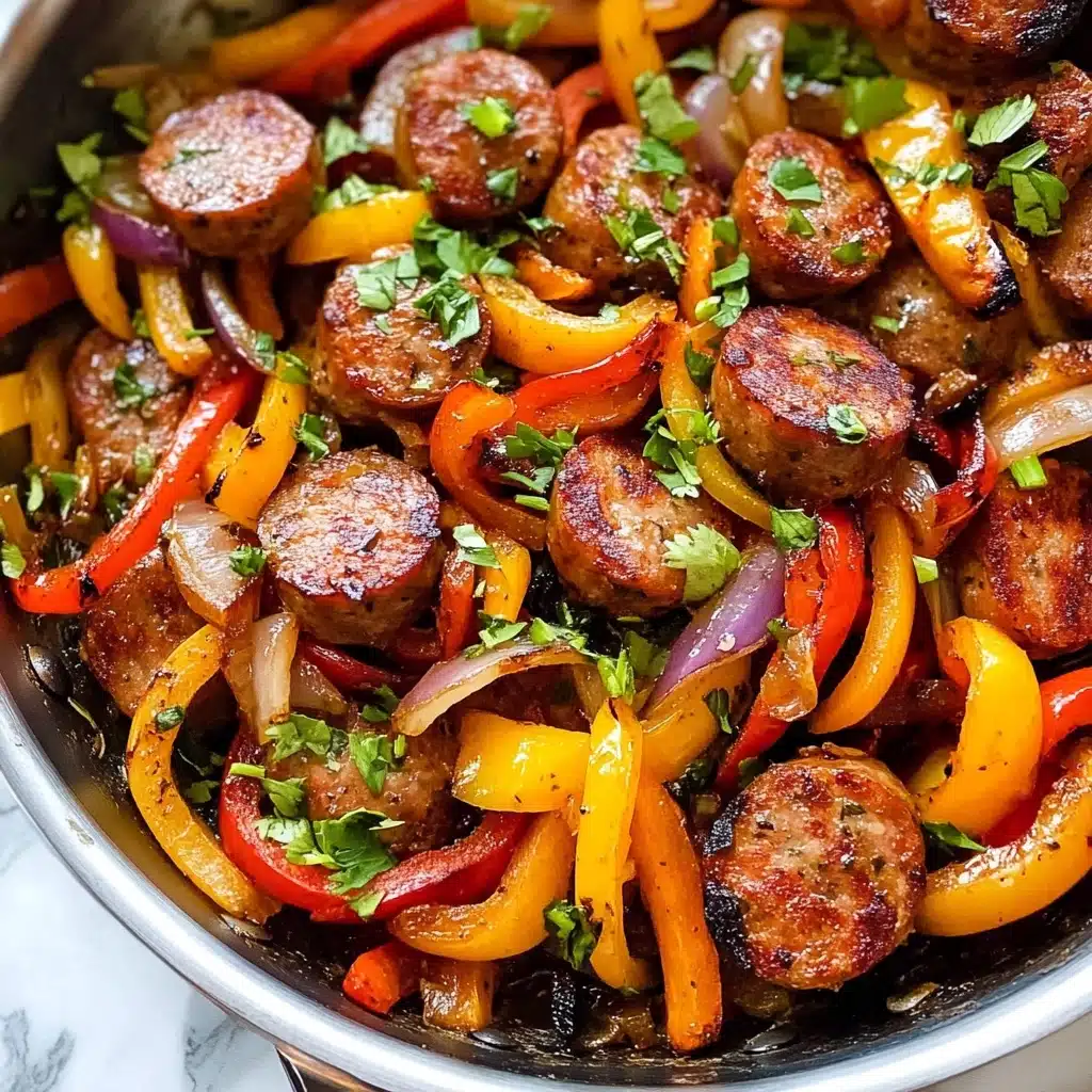 Sausage and Peppers Skillet, skillet sausage and peppers, quick sausage dinner, easy weeknight sausage recipe, one-pan sausage and peppers A stainless steel pan filled with cooked slices of browned sausage mixed with thin strips of red, yellow, and orange bell peppers and translucent cooked onion slices, garnished with fresh green herbs and chopped green onions, all sitting on a white marbled surface. The vibrant colors of the vegetables and the glossy, rich texture of the sausages create a lively and appetizing visual contrast.