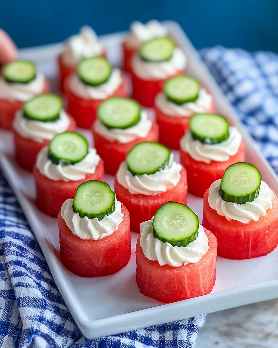 Watermelon and Goat Cheese Appetizer, Watermelon and Goat Cheese Bruschetta, Summer Fruit Appetizer, Easy Summer Appetizer, Guest-Ready Party Appetizer There is a white rectangular plate held by a woman's hand with a blue and white cloth under it. On the plate, there are sixteen small cylinder-shaped pieces of bright red watermelon arranged in four rows of four. Each watermelon piece has a smooth texture and topped with a swirl of white cream that looks soft and smooth. On top of each swirl, there is a small, thin slice of green cucumber, standing upright. The background is a blur of deep blue fabric, and the plate sits on a white marbled surface, making the red, white, and green colors stand out bright.