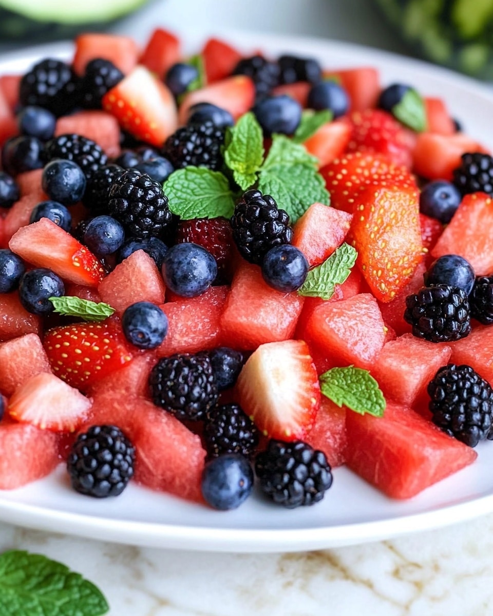 Berry Watermelon Salad with Honey Lime Dressing, healthy summer fruit salad, refreshing fruit salad recipe, easy berry watermelon salad, quick healthy fruit dish The image shows a close-up of a fruit salad on a white plate placed on a white marbled surface. The salad has three main layers: the base is made of small red watermelon cubes, the middle has black blackberries and ripe red strawberry pieces sliced thinly, and the top layer features scattered dark blue blueberries and small green mint leaf shreds. The colors are bright and fresh, with the mint adding a light green contrast to the red, black, and blue fruits.