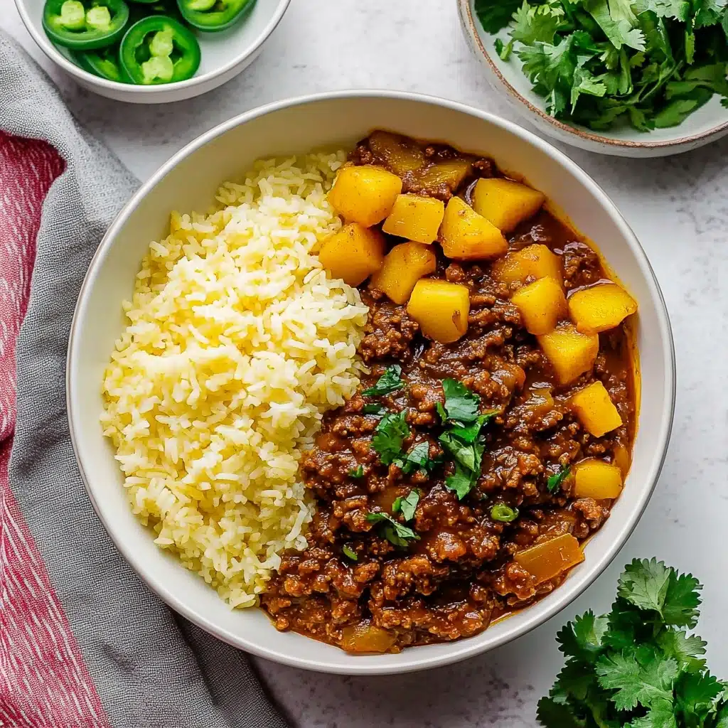 Mexican Ground Beef and Potatoes, Mexican Ground Beef and Potatoes recipe, easy Mexican ground beef dinner, weeknight Mexican skillet, comforting Mexican beef and potatoes A white bowl filled with two clear layers: on the left side, bright yellow rice with a fluffy texture; on the right side, a rich brown stew made of small ground meat pieces and chunky light orange potato cubes, all coated in a shiny sauce. The bowl sits on a white marbled surface with a folded gray cloth that has red stripes on the right side. Nearby, there is a small white bowl with dark green sliced jalapeños at the bottom left and a white bowl with fresh bright green cilantro leaves on the upper right.