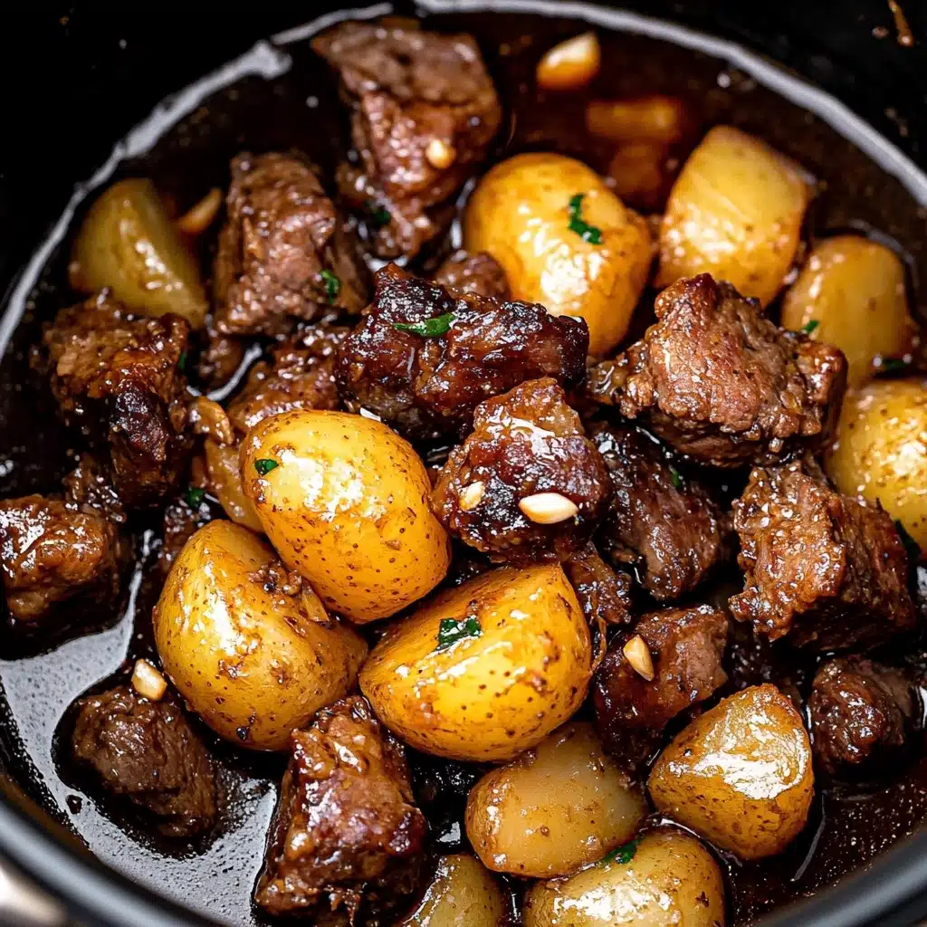 Slow Cooker Garlic Butter Beef Bites, beef stew in slow cooker, easy beef dinner recipes, hearty beef meals, comforting slow cooker recipes The image shows a close-up of cooked small golden-brown potatoes and browned chunks of meat, both covered with small bits of garlic and sitting in a dark rich sauce inside a black cooking pot. The potatoes appear soft and shiny, while the meat pieces have a rough texture with some crispy edges, and the sauce looks thick and glossy, surrounding both the potatoes and meat fully. The background is not visible as the dish fills the frame.