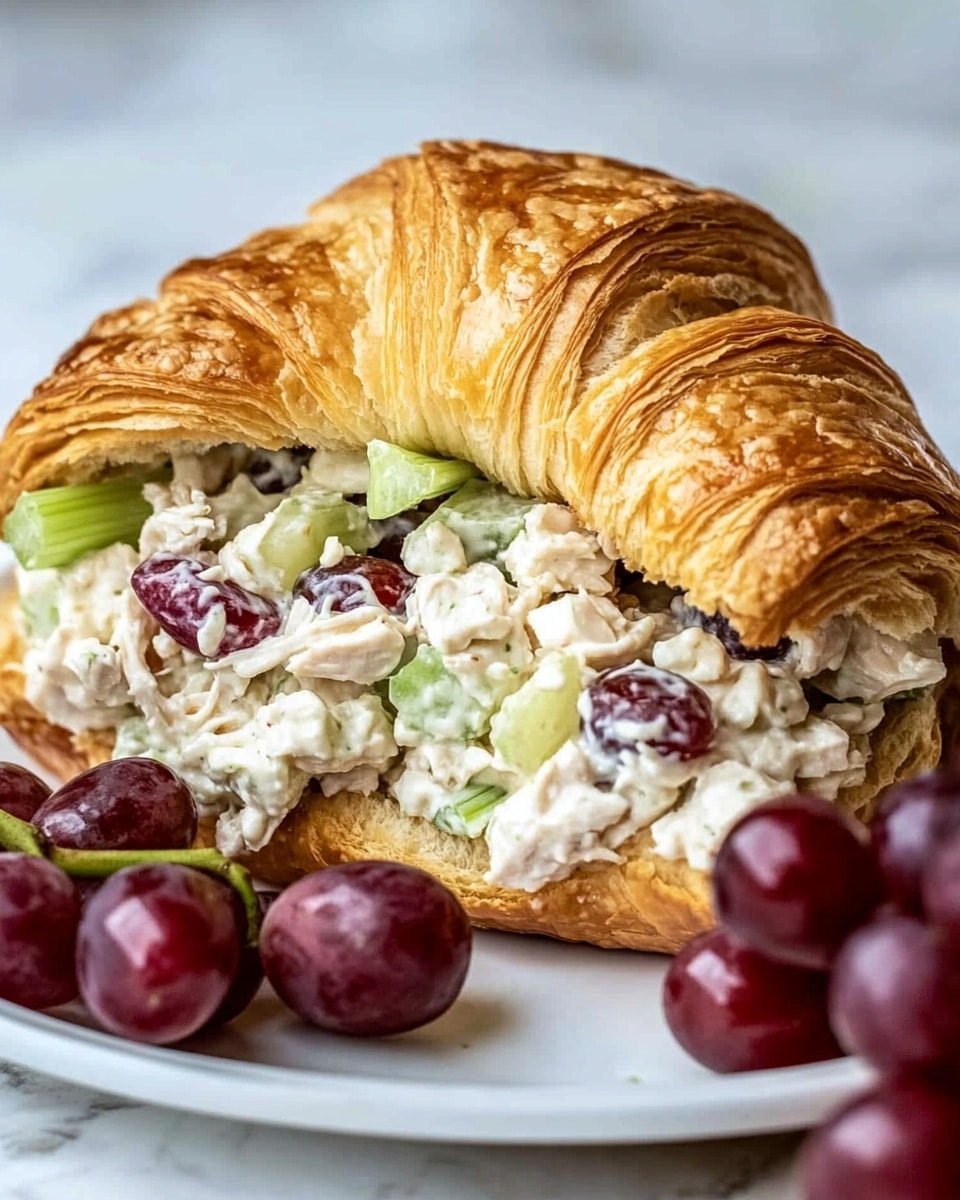 Croissant Chicken Salad Sandwiches, chicken salad sandwich recipe, flaky croissant sandwiches, easy lunch recipes, elegant chicken sandwiches The image shows a sandwich made with a flaky, golden brown croissant cut in half horizontally. Inside are layers of creamy chicken salad mixed with red grapes, small white cheese cubes, finely chopped green celery, and bits of nuts spread thickly across the bottom half. The top half of the croissant rests slightly tilted over the filling. A bunch of shiny red grapes is placed on the white plate beside the sandwich. The background has a white marbled texture.