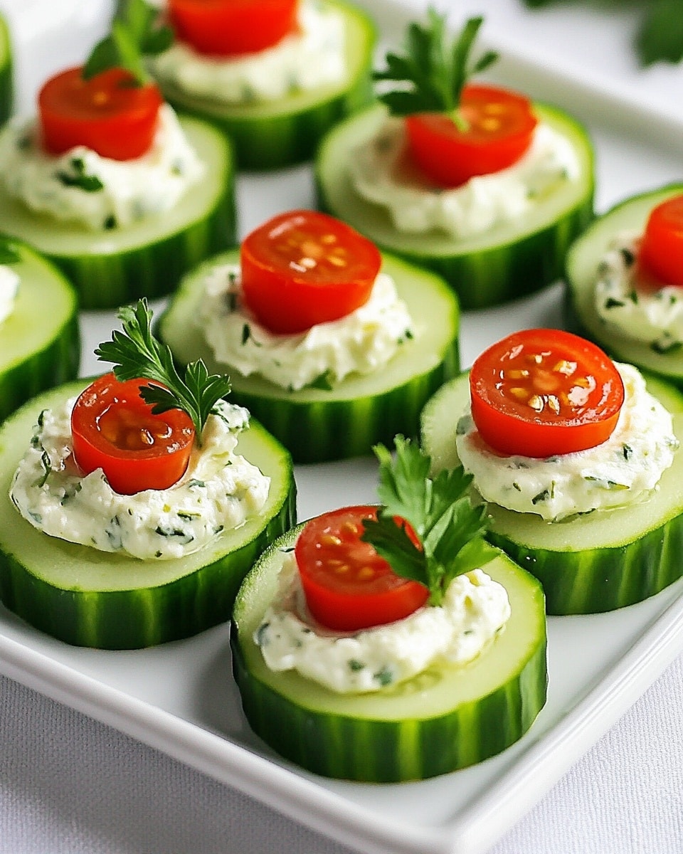 Cucumber Bites Appetizers, cucumber appetizer ideas, easy party finger food, refreshing party snacks, herby cream cheese bites The image shows a white rectangular plate filled with cucumber cups arranged in neat rows. Each cucumber cup has three layers: the bottom and main layer is a thick ring of green cucumber with a slightly bumpy surface, the middle layer is a swirl of creamy white herb-flavored filling with small green specks, and the top layer is a half slice of bright red cherry tomato standing upright. The dish is garnished with small sprigs of fresh green parsley placed on the plate around the cucumber cups. The setting is on a white marbled surface giving a clean and fresh look.