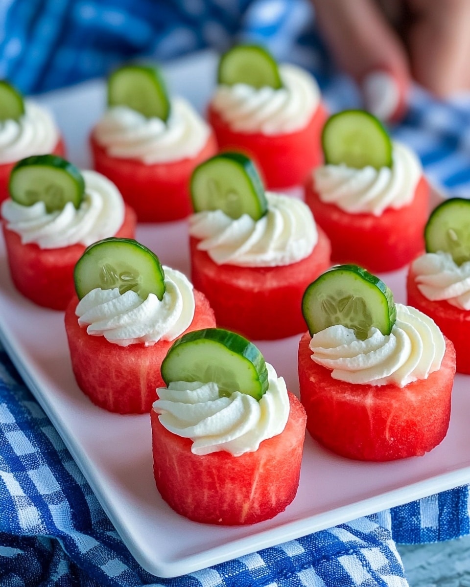 Watermelon and Goat Cheese Appetizer, Watermelon and Goat Cheese Bruschetta, Summer Fruit Appetizer, Easy Summer Appetizer, Guest-Ready Party Appetizer The image shows a white square plate with three rows of small round watermelon cylinders. Each watermelon piece is topped with a swirl of white cream and a small green cucumber slice placed on the cream. The watermelon is a bright red color with a smooth texture, and the cream looks soft and piped neatly on top. The plate sits on a dark wood surface with a blurred dark blue cloth in the background.