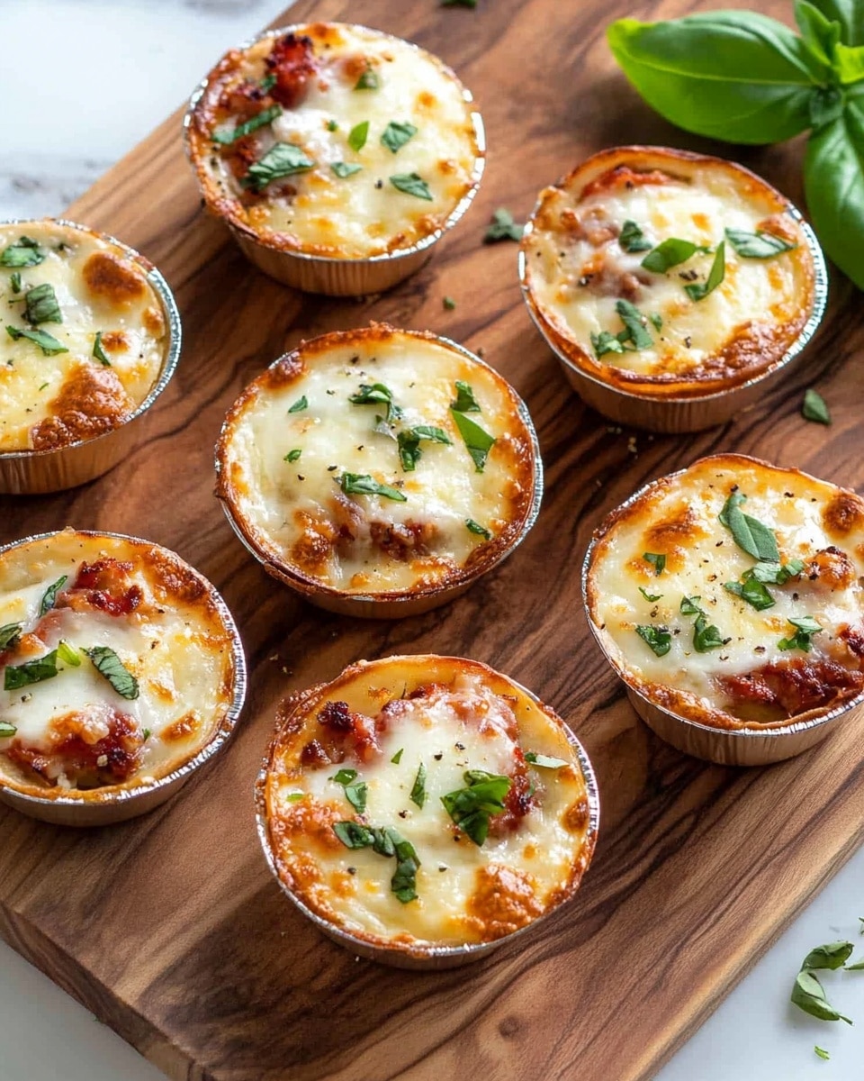 Pizza Pot Pies, pizza pot pies recipe, easy pizza pot pies, handheld pizza pies, comforting pizza bites Nine small round savory cups sit on a wooden board with natural wood grain. Each cup has a light golden crust at the bottom, topped with melted white cheese and small reddish pieces of what looks like cooked meat or vegetables, scattered evenly on top. Sprinkled herbs add specks of green over the cheese. A bright green basil leaf rests on the board near the cups. The background shows a white marbled texture partially visible under the wooden board.