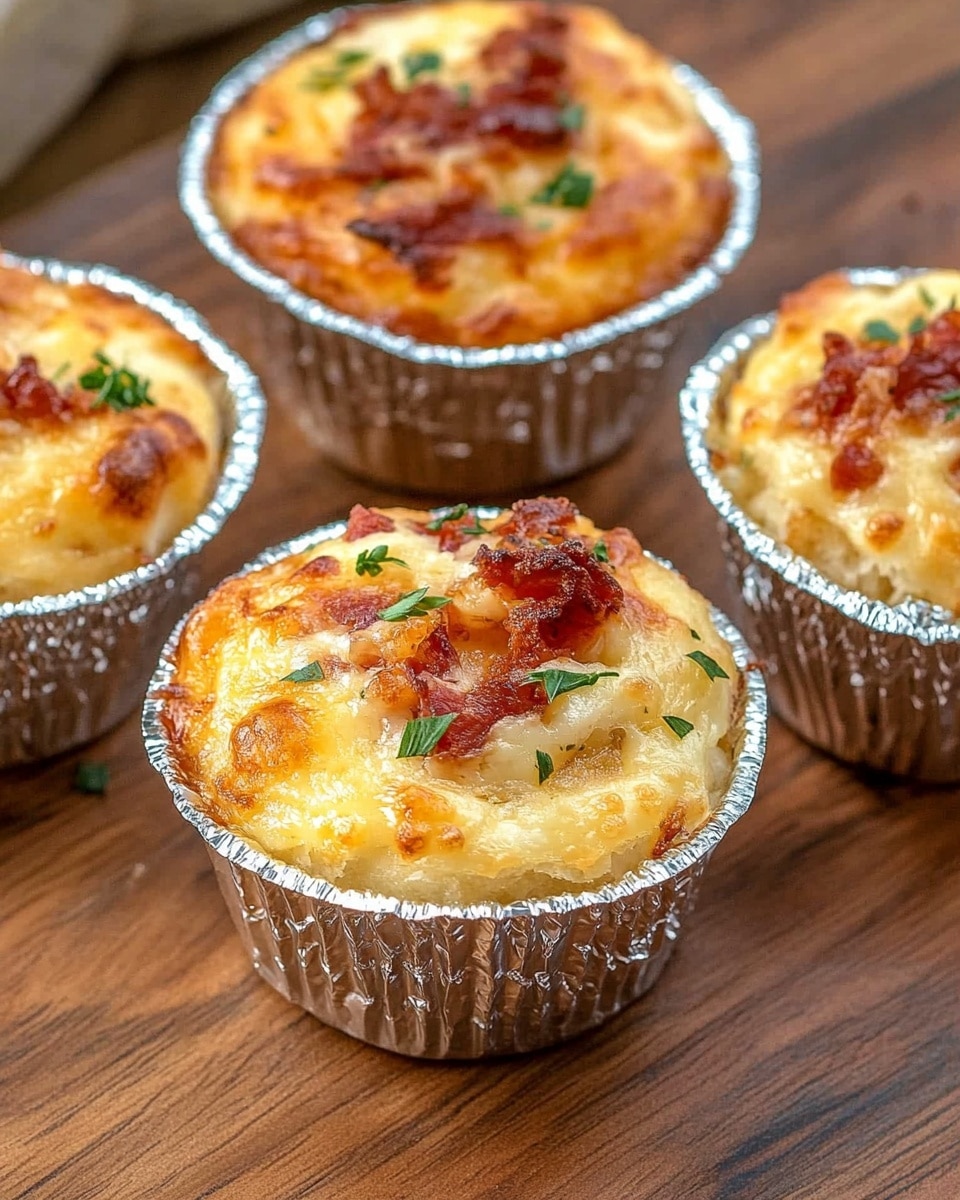 Pizza Pot Pies, pizza pot pies recipe, easy pizza pot pies, handheld pizza pies, comforting pizza bites The image shows several small baked muffin-like snacks in silver foil cups placed on a wooden board. Each snack has a golden brown outer layer that looks crispy and slightly textured. The top layer is a mix of melted cheese with small pieces of reddish-brown meat scattered on it. There are also some herbs sprinkled on the cheese, adding green flecks and texture. The snacks appear fluffy inside with a slightly firm crust on the outside. The setting is simple with the focus on the snacks themselves.