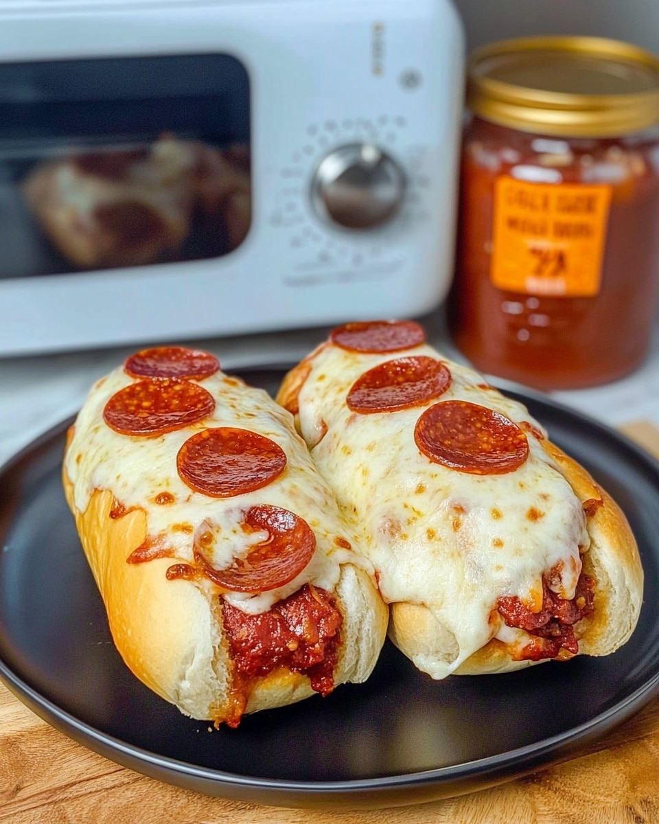 Air Fryer Pizza Dogs, pizza hot dogs, easy air fryer snacks, quick dinner ideas, kid-friendly air fryer recipes Four small pizza subs lie side by side in a black air fryer basket. Each sub has a golden-brown soft bun as the base, inside which is a layer of melted white cheese covering the surface. On top of the cheese are slices of shiny, reddish-brown pepperoni and small chunks of cooked bacon scattered evenly. The melted cheese looks slightly browned in some spots, blending smoothly with the crispy edges of the bun. The subs are arranged closely, filling up the basket almost completely.