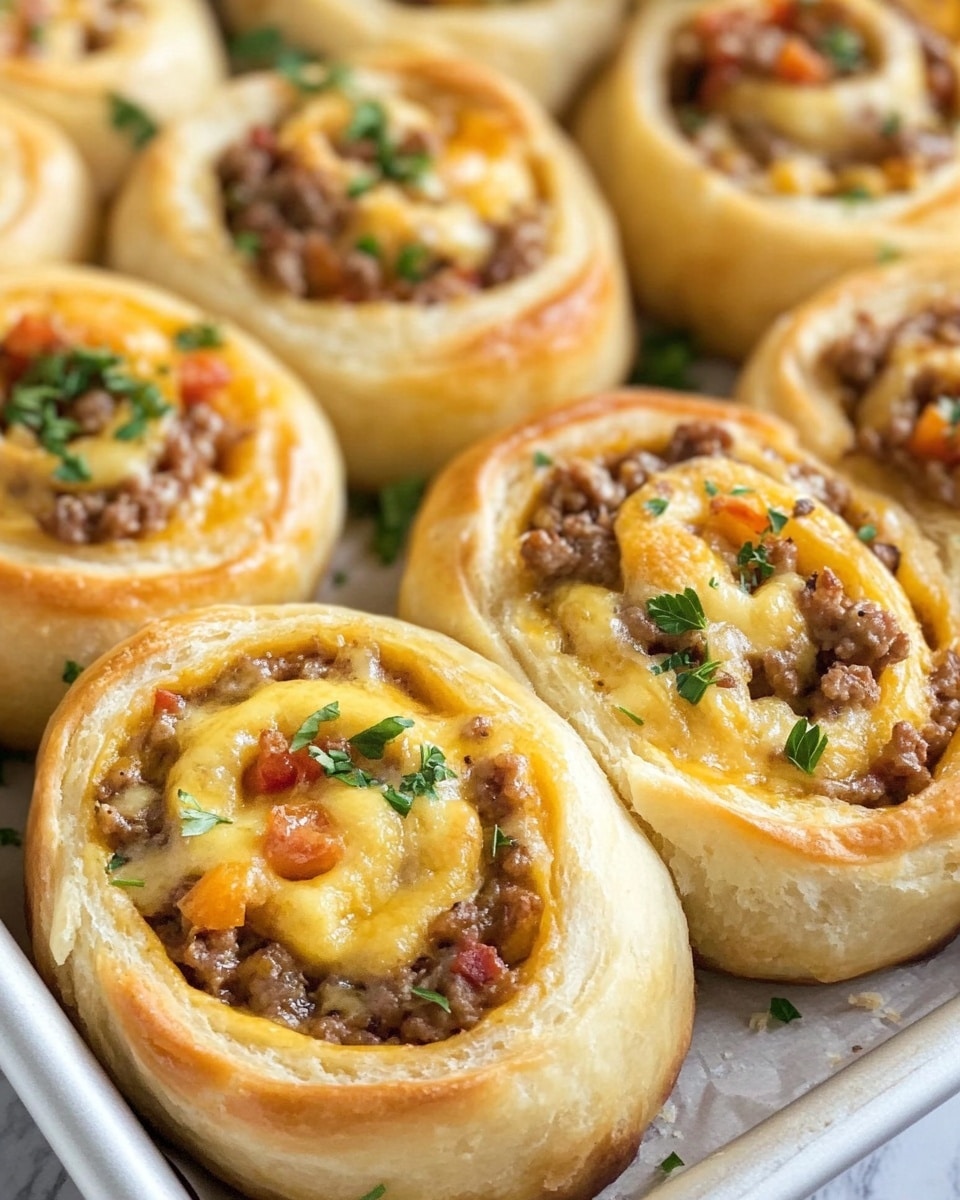 Breakfast Sausage, Egg, Bacon and Cheese Crescent Rolls, breakfast crescent roll recipe, cheesy breakfast rolls, easy breakfast ideas, brunch crescent rolls The image shows several swirled rolls closely placed together in a tray. Each roll has three visible layers: the soft, light tan dough on the outside, a middle layer of melted cheddar cheese with a slightly orange-yellow color, and an inner filling of browned ground meat mixed with small bits of red peppers. The rolls are sprinkled with small green parsley pieces on top, adding a fresh touch. The surface under the tray has a white marbled texture.