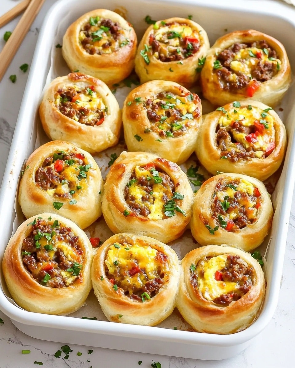 Breakfast Sausage, Egg, Bacon and Cheese Crescent Rolls, breakfast crescent roll recipe, cheesy breakfast rolls, easy breakfast ideas, brunch crescent rolls The image shows a white baking tray filled with twelve spiral-shaped rolls. Each roll has three visible layers: the outer layer is a golden-brown baked dough, the middle layer contains bits of cooked ground meat mixed with small pieces of red pepper, and the inner layer is a melted yellow cheese with some scrambled eggs. The rolls are sprinkled with chopped green herbs on top, adding a fresh pop of color. The tray rests on a white marbled surface, with light wooden chopsticks nearby.