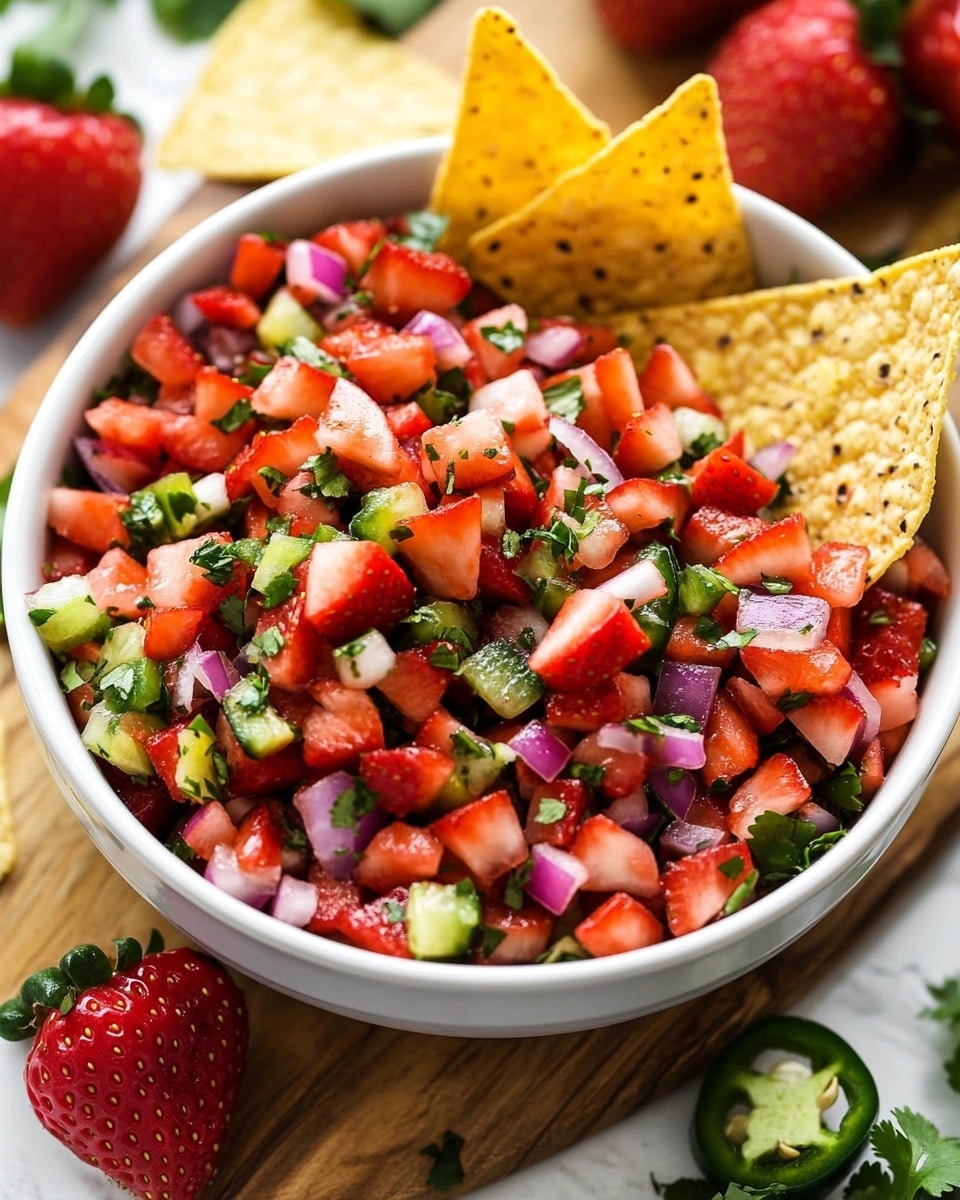 Fresh Strawberry Salsa, Strawberry Salsa Recipe, Summer Fruit Salsa, Easy Fruit Salsa, Healthy Salsa Ideas A white bowl filled with a colorful mix of diced red strawberries, light purple onions, green herbs, and small pieces of green peppers, all chopped into small cubes, sits on a wooden board placed on a white marbled surface. Bright red strawberries and some green lime peels surround the bowl. A black spoon is placed on the right side inside the bowl, partially covered by the diced ingredients. A light pink cloth is placed next to the wooden board. The colors are bright and fresh, showing a fresh fruit and vegetable salad.