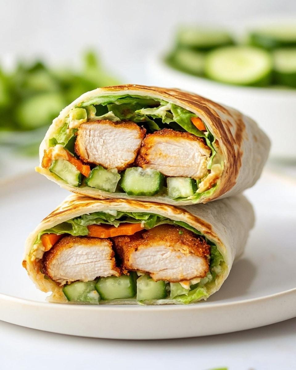 Honey Mustard Chicken Wrap, healthy chicken wraps, quick lunch ideas, easy dinner recipes, flavorful chicken wrap A close-up view of a soft white flour tortilla laid flat on a white marbled surface. On top, there is a light yellow cheese slice as the first layer. The second layer is a bed of fresh green lettuce mixed with some thin orange carrot strips and creamy dressing, creating a slightly wet texture. Next, there are crispy brown bacon bits scattered over the lettuce. On top of that, there are two thick pieces of golden-brown crispy fried chicken tenders placed in the center. Light orange creamy sauce is drizzled over the chicken and some chopped green onions sprinkled around. On one side, there are a few pale green wavy pickle slices adding texture and color contrast. The entire setup is well-lit, with a clean and fresh look.