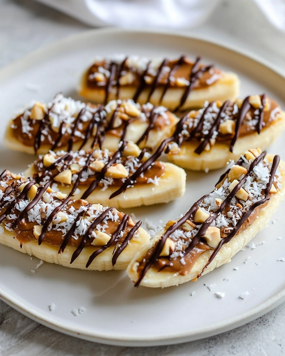 Frozen Banana Snacks with Chocolate, Peanut Butter, and Shredded Coconut, healthy frozen banana snacks, easy banana dessert, summer fruit treats, guilt-free snack ideas A white plate holds seven banana halves, each topped with a thick layer of peanut butter mixed with small nut pieces, followed by thin dark chocolate drizzles over them, then sprinkled with white coconut flakes. The bananas are smooth and pale yellow, arranged neatly over the plate on a white marbled surface. The peanut butter adds a creamy, textured brown layer, while the chocolate creates dark thin lines, and the coconut flakes add small white accents, making the dish look rich and inviting.