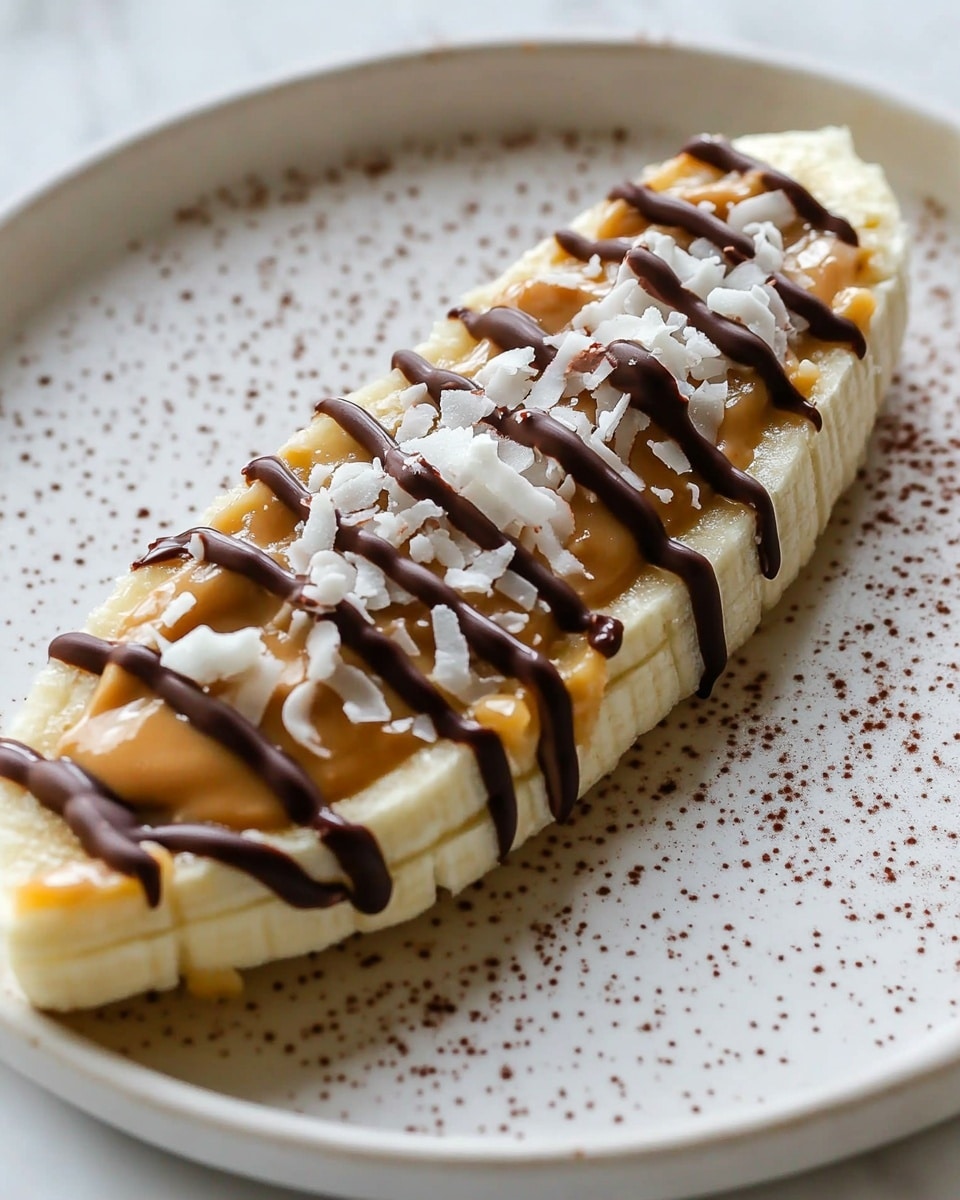 Frozen Banana Snacks with Chocolate, Peanut Butter, and Shredded Coconut, healthy frozen banana snacks, easy banana dessert, summer fruit treats, guilt-free snack ideas The image shows six slices of pale yellow apple arranged on a white plate with small brown speckles and a slightly rough texture. Each apple slice has a thick layer of nut butter spread on top, which is light brown with a chunky texture from visible nuts. Over the nut butter, there are thin, dark brown drizzle lines of chocolate spread evenly across each slice. Finally, small white shredded coconut flakes are sprinkled on top of everything, creating a contrast with the nut butter and chocolate. The plate is placed on a white marbled surface.