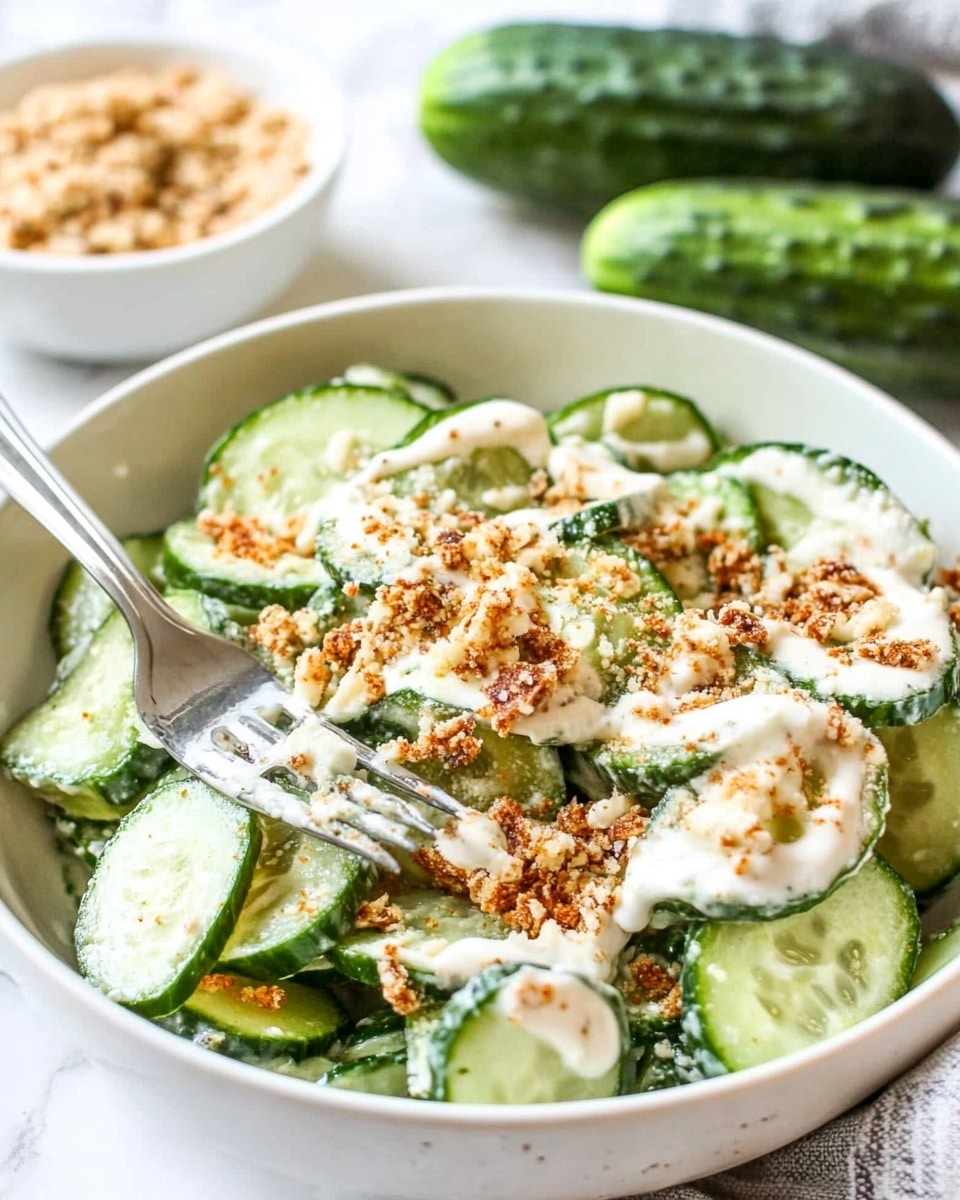 Cucumber Caesar Salad with Toasted Breadcrumbs and Parmesan, cucumber Caesar salad, fresh Caesar salad with cucumbers, easy cucumber salad, healthy summer salad A white bowl filled with sliced green cucumbers coated in a creamy dressing, topped with thin, translucent white cheese slices, small reddish-brown bacon bits, and a sprinkle of crushed black pepper and crunchy crumbs. The cucumbers have a fresh, textured look with a mix of smooth and rough surfaces from the toppings. The bowl sits on a surface with white marbled texture. In the background, there is a small white bowl with more crumbs slightly out of focus.
