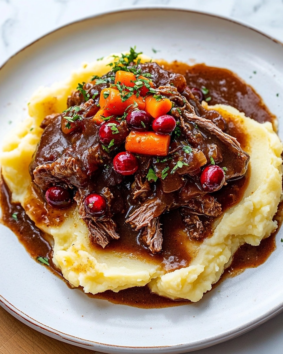 Cranberry Balsamic Roast Beef, roast beef with cranberry sauce, festive beef dinner, slow cooker roast beef, holiday beef recipe A white plate holds a large base layer of soft, creamy yellow mashed potatoes, unevenly spread with some lumps for texture. On top, there are thick, brown pieces of shredded meat covered with glossy dark brown gravy. Scattered within the gravy are slices of tender, bright orange carrots and whole, shiny red cranberries. Small green herb leaves are sprinkled lightly over the dish, adding a touch of green color. Some gravy pools around the edge of the plate on the white marbled surface.