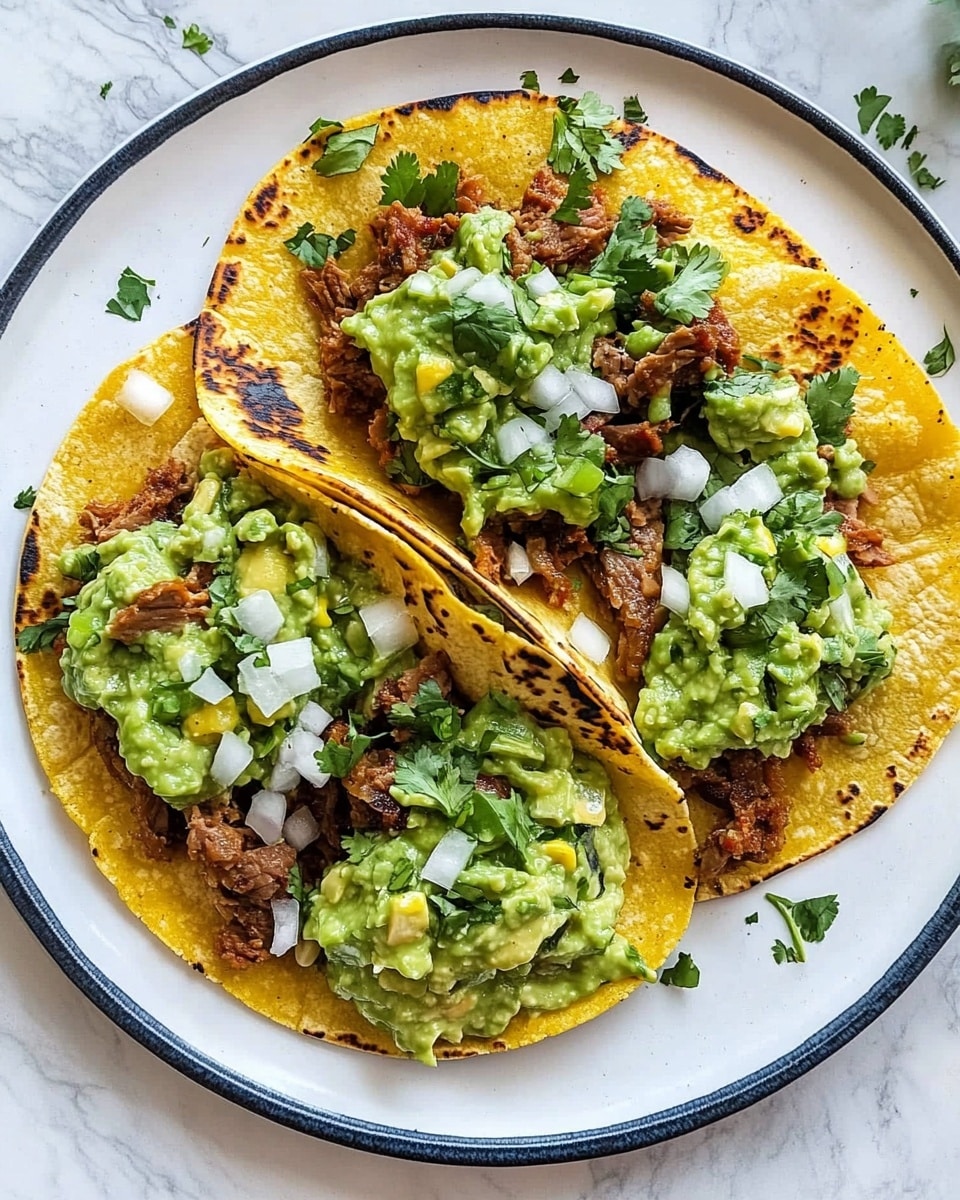 Grilled Steak Tacos with Avocado Salsa, steak taco recipes, easy taco night ideas, avocado salsa recipe, flavorful grilled steak tacos The image shows a woman's hand holding a taco made with a toasted yellow corn tortilla that has a slightly charred texture on the edges. Inside the taco, there is a layer of light green creamy sauce spread evenly, topped with small, juicy, browned beef pieces scattered throughout. On top of the beef, there is a fresh, finely chopped mixture of white onions and green cilantro, adding a mix of crisp and leafy texture. Below the held taco, a white plate rests on a white marbled surface, filled with additional tacos of the same style, each generously covered with the creamy green sauce, beef chunks, and chopped onions and cilantro, creating a fresh and colorful dish.