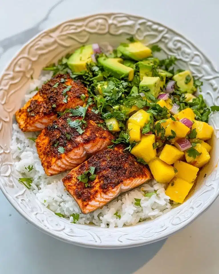 Spicy Salmon Bowls with Mango Avocado Salsa and Coconut Rice Recipe