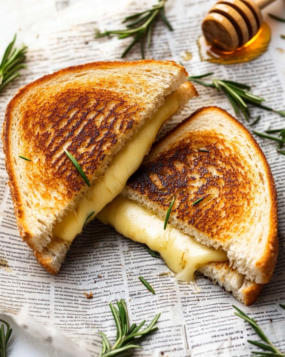 Brie and Apple Grilled Cheese, quick gourmet grilled cheese, easy apple and cheese sandwich, savory fruit grilled cheese, 15-minute fancy grilled cheese A grilled cheese sandwich is shown cut into two triangular halves, placed on a sheet of newspaper with small green rosemary sprigs scattered on and around the sandwich. The sandwich has two layers of golden-brown toasted bread with a slightly crisp texture, and between them is a thick layer of creamy, melted white cheese that is oozing slightly at the edges. The top slice of bread has a few rosemary leaves resting on it. Near the sandwich, there is a small wooden honey dipper with some honey visible. The entire setup is on a white marbled surface.