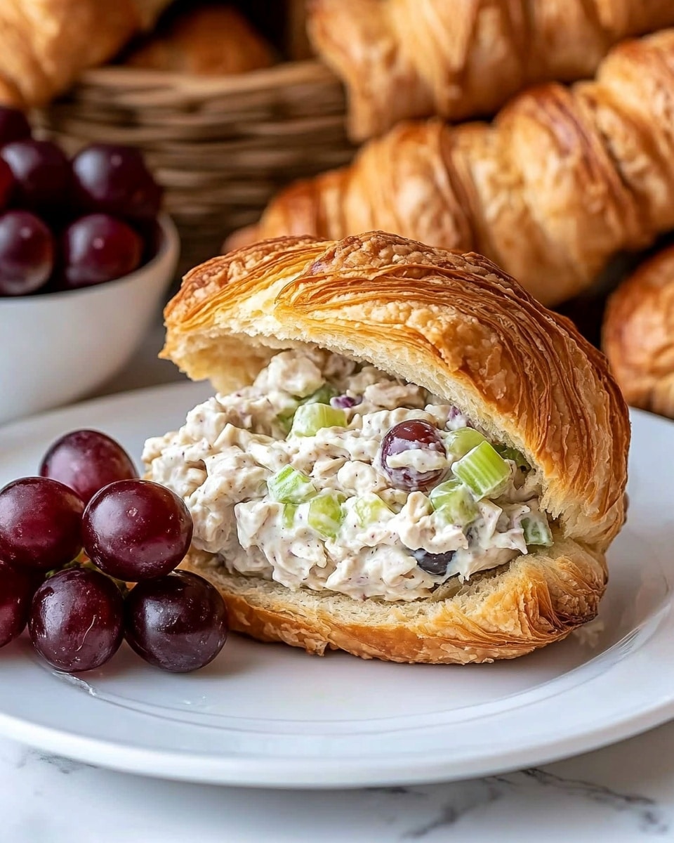 Croissant Chicken Salad Sandwiches, chicken salad sandwich recipe, flaky croissant sandwiches, easy lunch recipes, elegant chicken sandwiches A white plate sits on a white marbled surface holding a croissant sandwich and red grapes. The croissant is golden brown with flaky layers. Inside, there are three main layers of filling made of creamy chicken salad mixed with diced green celery, halved red grapes, and small bits of nuts. The creamy salad is white with some green and purple pieces mixed in. To the left of the sandwich, a small bunch of shiny red grapes rests on the plate. In the background, there is a blurry white bowl with more chicken salad and a wicker basket filled with croissants and red grapes.