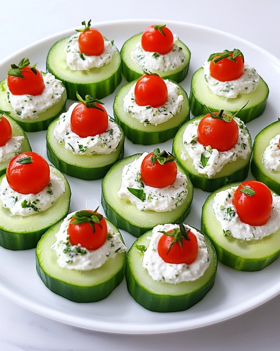 Cucumber Bites Appetizers, cucumber appetizer ideas, easy party finger food, refreshing party snacks, herby cream cheese bites The image shows a white round plate filled with evenly spaced cucumber rounds with the skin still on. Each cucumber slice is hollowed in the center and filled with a swirled dollop of white herb cream cheese speckled with small green herbs. On top of each cream cheese dollop stands a small, vibrant red half cherry tomato, positioned vertically. The plate is placed on a white marbled surface, giving a clean and fresh look.