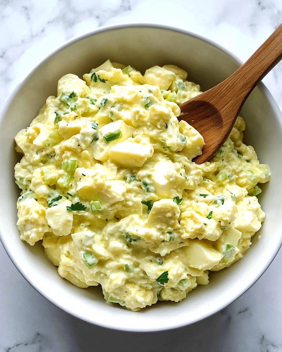 Creamy Egg Salad with Dill Pickles and Fresh Herbs, egg salad with dill pickles and herbs, quick and easy egg salad, homemade egg salad recipe, healthy egg salad ideas A white bowl filled with chunky, creamy yellow egg salad mixed with small green bits of celery and herbs, showing a slightly rough texture with visible pieces of egg and celery. A wooden spoon is placed inside the bowl, resting on the right side, partially submerged in the salad. The bowl sits on a white marbled surface.
