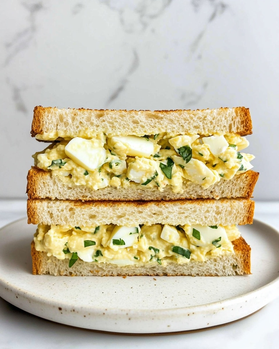 Creamy Egg Salad with Dill Pickles and Fresh Herbs, egg salad with dill pickles and herbs, quick and easy egg salad, homemade egg salad recipe, healthy egg salad ideas A sandwich cut in half and stacked, each half showing two layers of light brown bread with a thick, creamy, pale yellow egg salad filling in the middle, studded with small green herbs and white pieces of egg, sitting on a white plate on a white marbled surface.