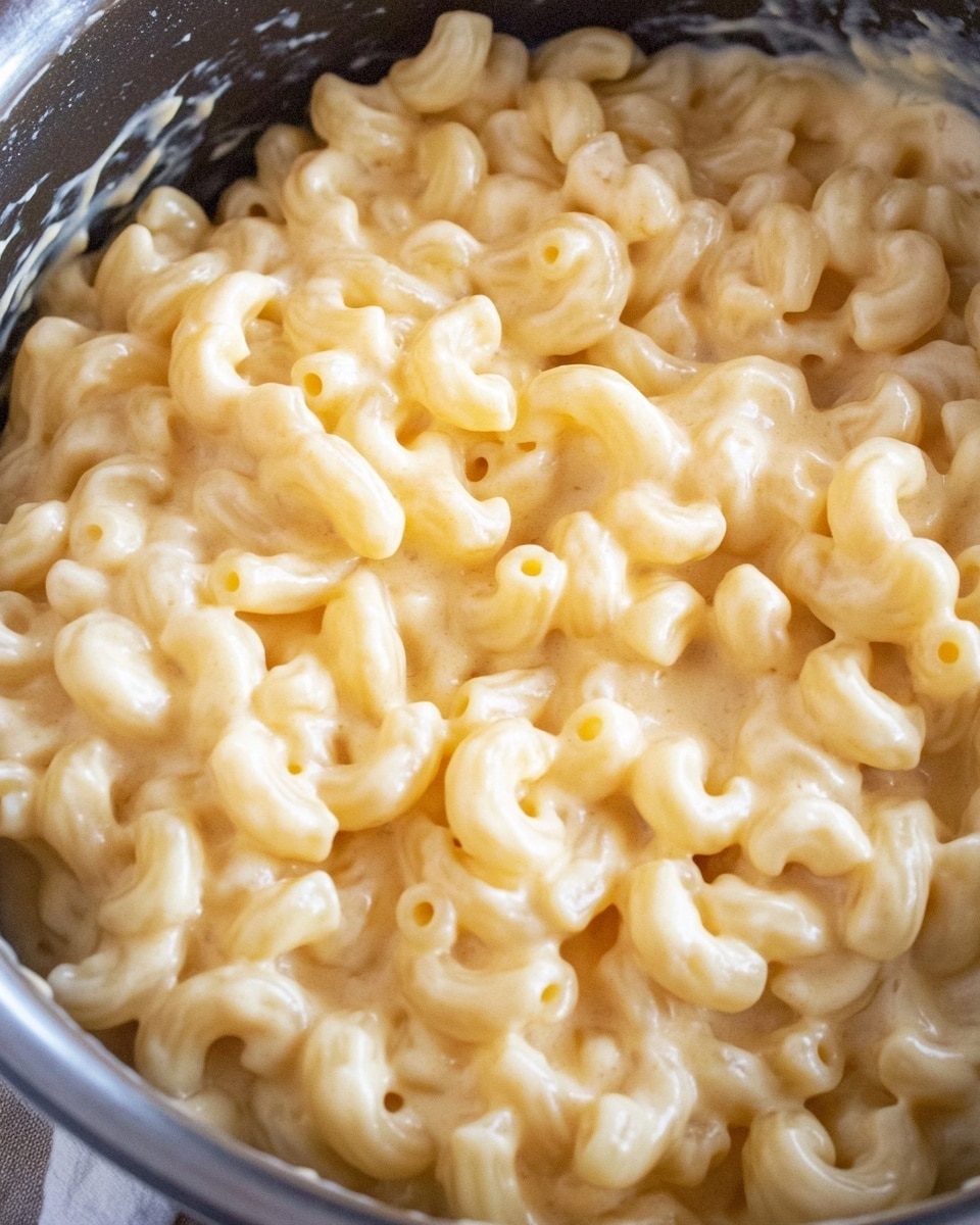 Easy Gouda Mac and Cheese, Gouda mac and cheese recipe, cheesy weeknight dinner, creamy macaroni and cheese, quick comfort food A close-up view of creamy macaroni and cheese in a metal pot, showing soft, curly elbow pasta covered in a smooth, pale yellow cheese sauce with a slightly shiny texture; the pot has a worn rim with signs of use, and the dish looks warm and thick.