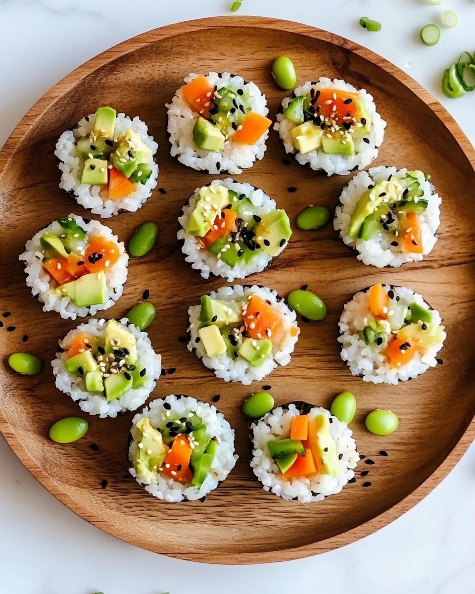 Sushi Cups, Sushi Cups Recipe, Easy Sushi Bites, Sushi Appetizer, No-Roll Sushi The image shows a round wooden plate filled with eleven small sushi cups. Each cup has a base layer of white sushi rice molded into a cup shape. On top, there is a colorful vegetable mix consisting of bright green edamame, light green diced avocado, and small orange carrot pieces. The sushi cups are sprinkled with black sesame seeds. There is a light brown sauce drizzled over the sushi and scattered on the wooden plate. The background is a white marbled surface.