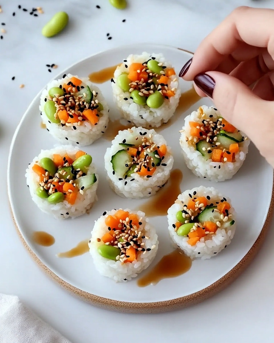 Sushi Cups, Sushi Cups Recipe, Easy Sushi Bites, Sushi Appetizer, No-Roll Sushi A round white plate on a white marbled surface holds seven small rice cups arranged in a circle. Each rice cup forms the bottom and sides, white and sticky with a slightly grainy texture, holding a colorful mix of diced orange carrots, green edamame beans, and green cucumber pieces sprinkled with black sesame seeds. A light brown sauce is drizzled on the plate around the rice cups, adding a glossy texture. A woman's hand with neatly painted nails is reaching to pick up one of the rice cups.