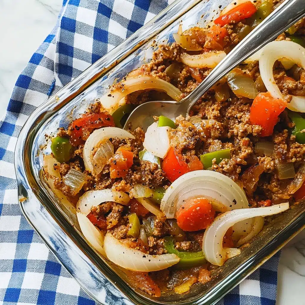Dolly Parton's 5-Layer Dinner, hearty layered casserole, easy comfort food recipe, family-friendly baked dish, flavorful layered dinner A white rectangular baking dish filled with two visible layers: the bottom layer is cooked ground beef in brown color with a crumbly texture, and the top layer is golden orange cheese-covered tater tots arranged tightly in rows. Some tater tots have melted cheese dripping over them and a few green herb pieces are sprinkled on top. A portion of the dish has been scooped out from the bottom right corner, showing the two layers clearly. The dish rests on a metal wire cooling rack placed over a white marbled surface.