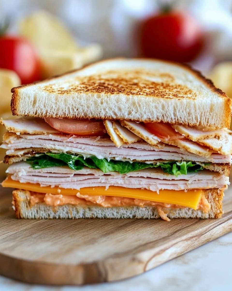 Club Sandwich Umami, classic club sandwich recipe, easy club sandwich ideas, hearty lunch sandwiches, bacon and turkey sandwich The image shows a close-up of a sandwich cut in half and stacked on a wooden board. The sandwich has three layers of toasted white bread, each with a slight golden brown crisp. The bottom layer features thin slices of light pink turkey with some green leafy lettuce. The middle layer contains bright red tomato slices and a creamy white spread. The top layer has a slice of bright orange cheddar cheese and more pale turkey slices. There are some blurred red tomatoes and light-colored chips in the background, all set on a white marbled surface.