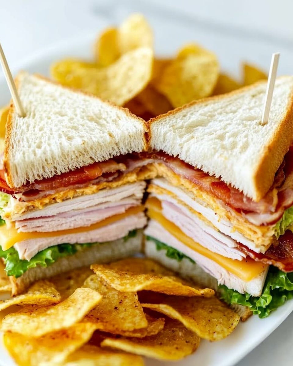 Club Sandwich Umami, classic club sandwich recipe, easy club sandwich ideas, hearty lunch sandwiches, bacon and turkey sandwich The image shows a sandwich cut into four triangular pieces, placed on a white plate with potato chips around it. Each sandwich piece has three layers of light toasted bread. Between the bread layers, there are slices of light pink turkey, orange cheddar cheese, green lettuce, red tomato slices, and crispy brown bacon. The sandwich layers look fresh and moist, stacked neatly. The plate rests on a white marbled surface.