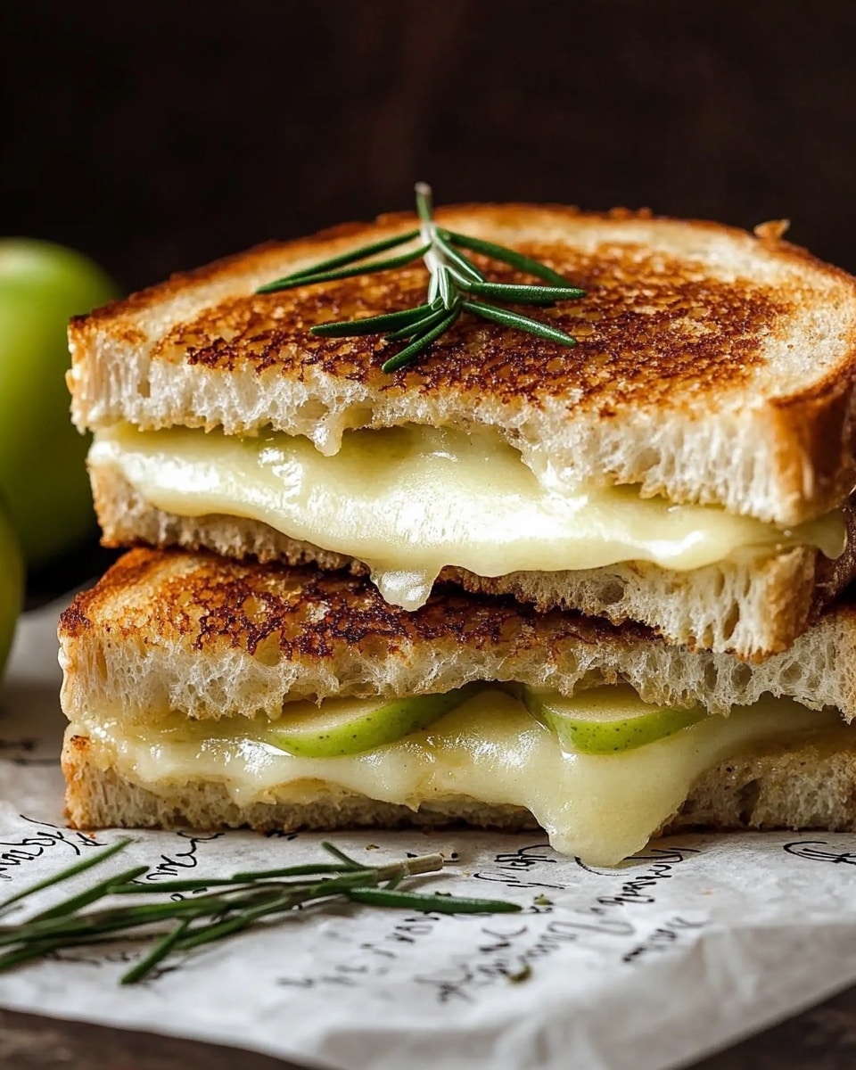 Brie and Apple Grilled Cheese, quick gourmet grilled cheese, easy apple and cheese sandwich, savory fruit grilled cheese, 15-minute fancy grilled cheese A close-up view of a grilled cheese sandwich stacked in two halves on white marbled paper with printed text. The sandwich has two layers of toasted golden-brown bread with a crunchy texture, melted creamy white cheese oozing out between the bread layers, and thin slices of green apple inside. There are fresh green rosemary sprigs placed on top of the sandwich and scattered around. The background is dark brown, with whole and sliced green apples placed beside the sandwich.