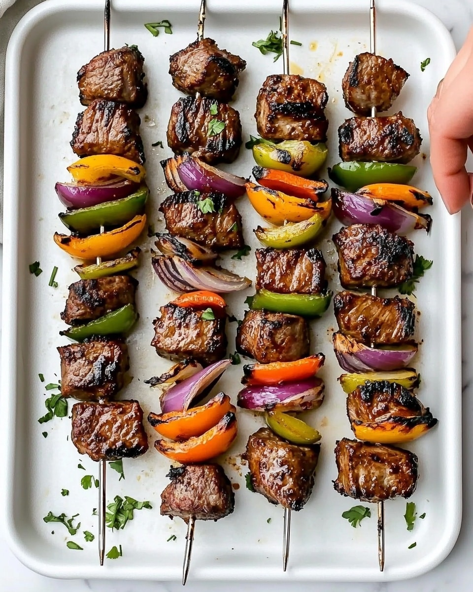 Beef Shish Kabob, Beef Shish Kabob Recipe, grilled beef skewers, easy shish kabob marinade, vegetable shish kebabs There are seven metal skewers lying across a black grill pan placed on a white marbled surface. Each skewer has three main types of layers: large pieces of grilled brown meat, green and orange bell pepper chunks, and purple-red onion wedges that are slightly cooked and softened. The meat pieces have clear dark grill marks, showing a tender texture, while the vegetables show vibrant colors of green, orange, and purple with some charred spots. The skewers are evenly spaced and parallel to each other, filling the grill pan fully, creating a colorful and appetizing arrangement.