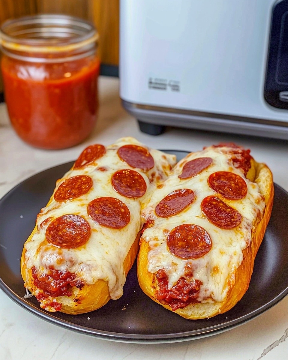 Air Fryer Pizza Dogs, pizza hot dogs, easy air fryer snacks, quick dinner ideas, kid-friendly air fryer recipes A sandwich with a long, golden brown soft bun sliced open once vertically, filled with a layer of melted white cheese that covers a base of dark red spicy pepper slices with slightly crispy edges, sitting on a white plate on a white marbled surface.