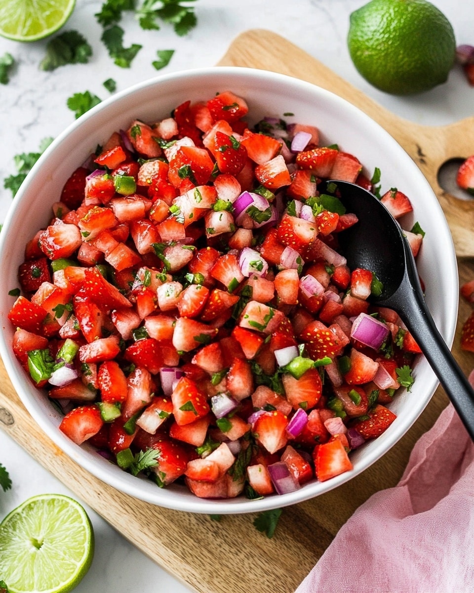 Fresh Strawberry Salsa, Strawberry Salsa Recipe, Summer Fruit Salsa, Easy Fruit Salsa, Healthy Salsa Ideas A white bowl filled with a colorful mix of diced red strawberries, green jalapeños, chopped purple onion, and green cilantro, creating a vibrant texture of small, fresh pieces. Scattered inside the bowl and slightly buried in the mix are several triangular yellow corn chips, adding a crunchy contrast. The bowl sits on a wooden board with whole strawberries and a few loose corn chips around it, all placed on a white marbled surface. The image uses soft, natural lighting to highlight the freshness and bright colors of the ingredients,