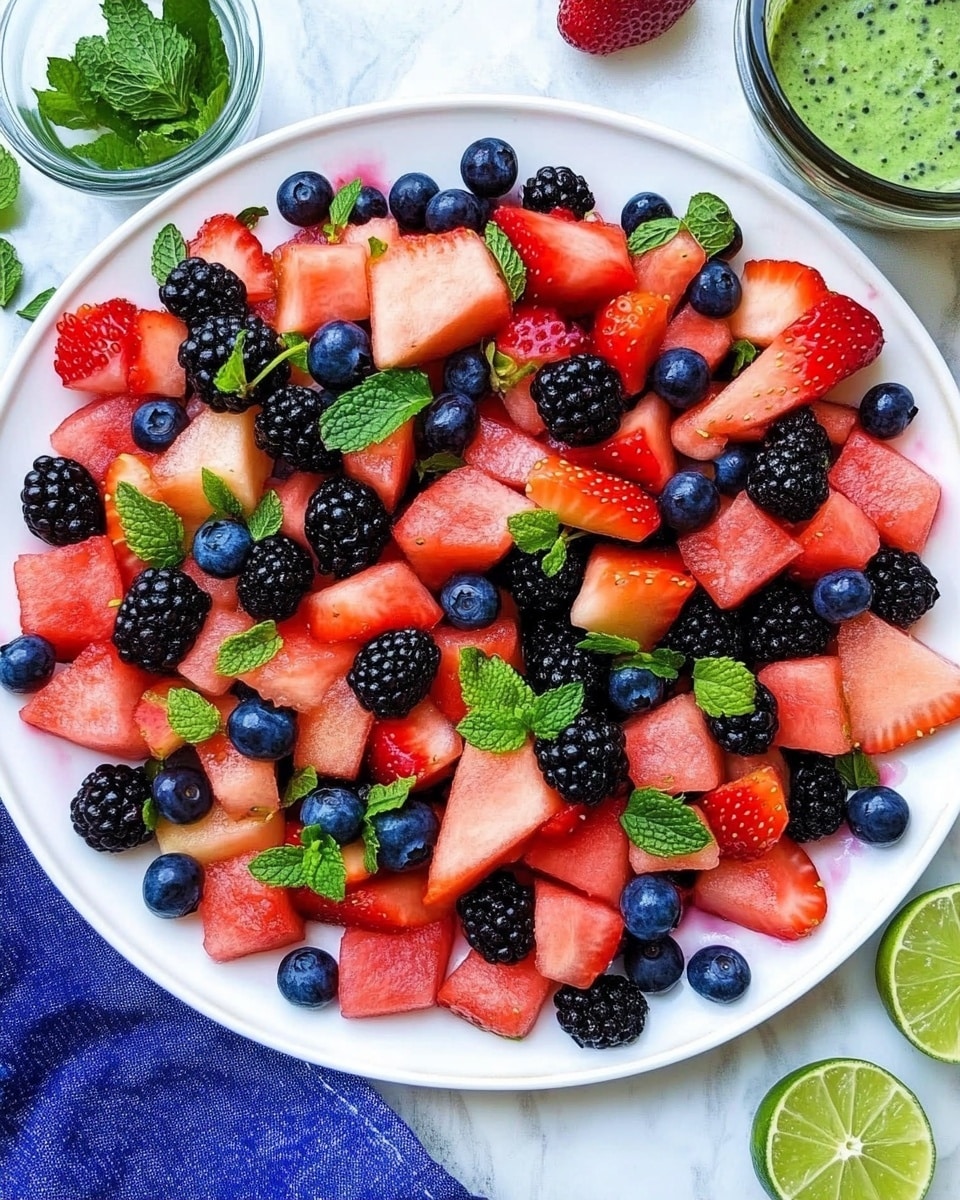 Berry Watermelon Salad with Honey Lime Dressing, healthy summer fruit salad, refreshing fruit salad recipe, easy berry watermelon salad, quick healthy fruit dish A white plate filled with a colorful fruit salad made of several layers and pieces: cubed pink watermelon chunks form the base layer, topped with whole blackberries, halved strawberries with a deep red and white inside, small round blue blueberries scattered all over, and chopped fresh green mint leaves sprinkled on top. Around the plate are two lime halves, a glass bowl with green dressing or sauce, a blue cloth napkin on the side, and watermelon slices placed on a white marbled surface.