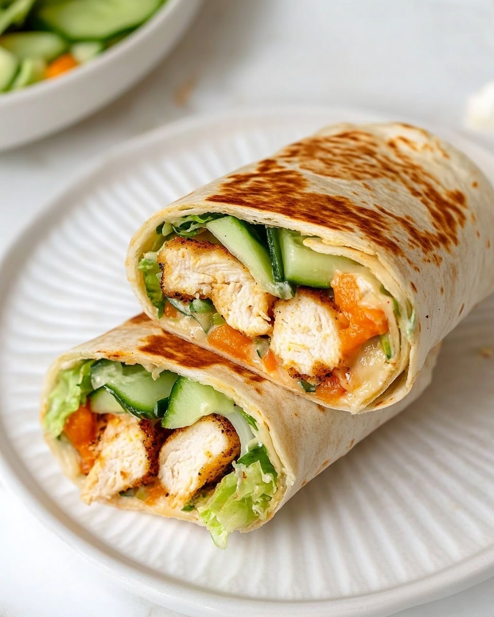 Honey Mustard Chicken Wrap, healthy chicken wraps, quick lunch ideas, easy dinner recipes, flavorful chicken wrap The image shows a wrap cut in half on a white plate with a ridged edge, resting on a surface with a white marbled texture. The wrap has a golden-brown toasted outer layer. Inside, there are several layers: the outer tortilla wrap, then pieces of light brown cooked chicken, bright green lettuce, diced green cucumber, small orange carrot bits, and a creamy light orange sauce spread evenly. The wrap is thick and tightly packed with visible fresh veggies and chicken.