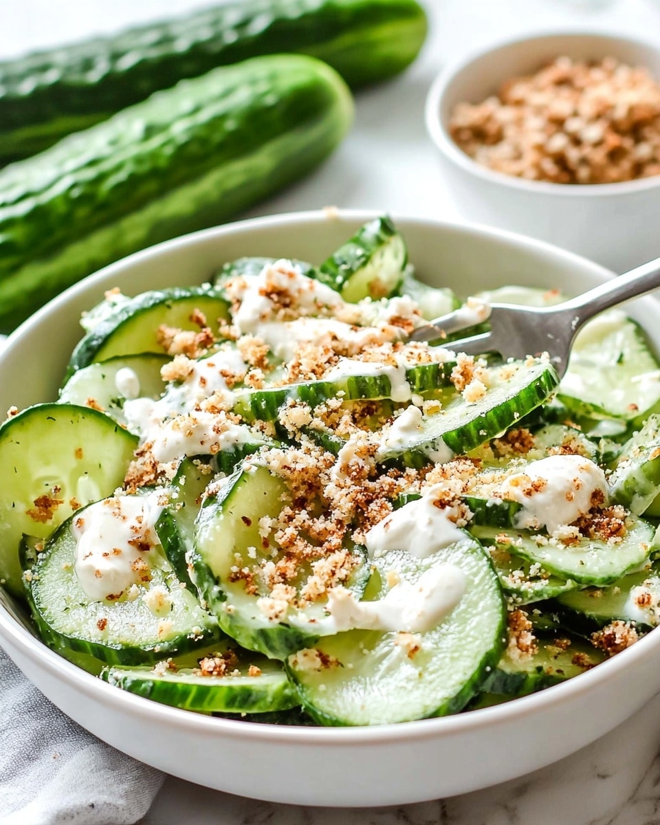 Cucumber Caesar Salad with Toasted Breadcrumbs and Parmesan, cucumber Caesar salad, fresh Caesar salad with cucumbers, easy cucumber salad, healthy summer salad A white bowl filled with a salad showing several layers of round cucumber slices covered in a creamy white dressing mixed with green herbs. On top, there are thin, pale yellow cheese slices scattered unevenly, along with bits of crispy brown bacon and a sprinkle of coarse black pepper. To the top left of the bowl, there is a small white bowl containing a crumbly, golden-brown topping resting on a white cloth with light green stripes, all placed on a wooden surface with a white marbled texture background.