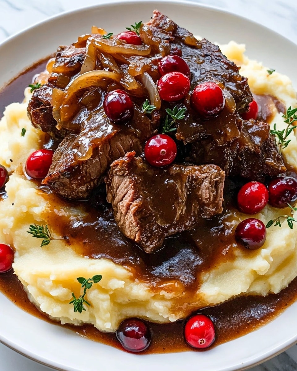 Cranberry Balsamic Roast Beef, roast beef with cranberry sauce, festive beef dinner, slow cooker roast beef, holiday beef recipe In the center of a white plate, there is a thick layer of pale yellow mashed potatoes with a soft and creamy texture. On top of this base, several chunks of dark brown roasted meat with visible grill lines are placed, partially covered by a rich, glossy dark brown gravy with bits of cooked onions. Scattered across the dish are bright red cranberries, adding vibrant color contrasts, with small green herb sprigs sprinkled over the meat and sauce. The gravy slightly spills over the edges of the mashed potatoes onto the plate, which sits on a white marbled surface.