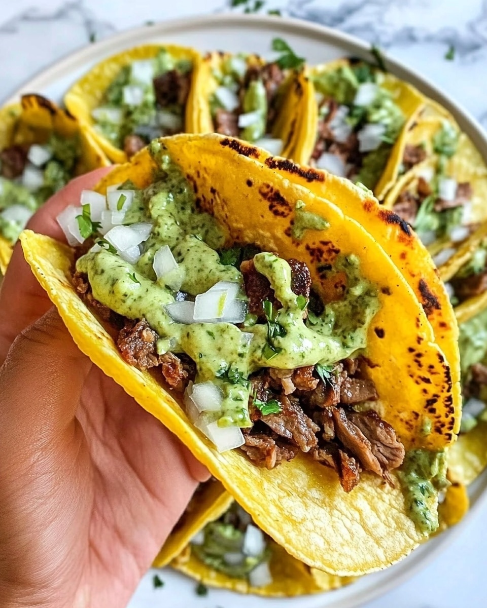 Grilled Steak Tacos with Avocado Salsa, steak taco recipes, easy taco night ideas, avocado salsa recipe, flavorful grilled steak tacos Three corn tortillas lie on a white plate with a dark blue rim, placed on a white marbled surface. Each tortilla is lightly toasted with some char marks and topped with small pieces of cooked brown meat scattered over the surface. Generous spoonfuls of green guacamole or avocado sauce cover parts of the meat, creating a creamy layer. Finely chopped white onions and fresh green cilantro are sprinkled evenly over the tortillas and sauce, adding texture and fresh colors. The overall look is rustic and fresh with green, brown, white, and yellow tones.