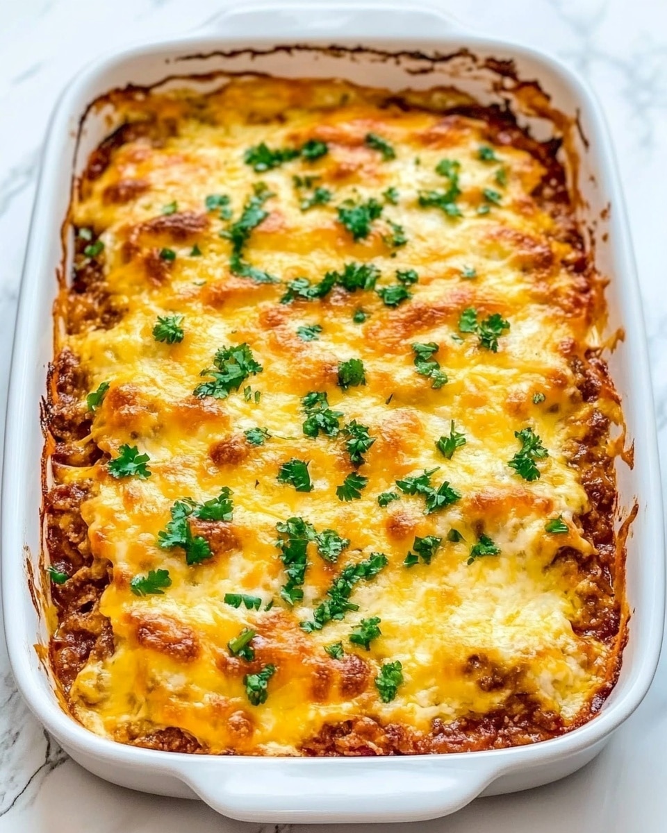 A white rectangular baking dish filled with a baked casserole featuring a thick layer of melted golden-yellow cheese covering the entire surface, slightly bubbling with crispy brown edges. Beneath the cheese are visible bits of cooked ground meat mixed with a rich sauce, adding texture and some darker reddish-brown tones. Green herbs sprinkled evenly on top contrast with the warm colors of the cheese. The baking dish is placed on a white marbled textured surface. Photo taken with an iphone --ar 4:5 --v 6.1