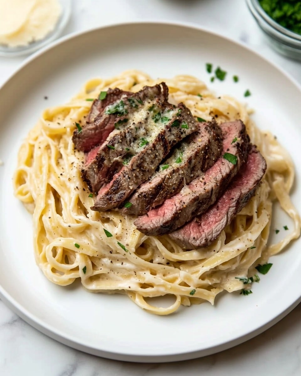 A white plate on a white marbled surface holds a dish with two main layers. The bottom layer is creamy fettuccine pasta, light beige in color with a smooth texture, twisted and piled in a circular shape. On top, there is a layer of medium-rare steak slices, showing a mix of pink inside and brown outside with light seasoning. Both layers are sprinkled with fresh, finely chopped green herbs evenly. Nearby, there is a small glass container with grated Parmesan cheese out of focus in soft light. Photo taken with an iphone --ar 4:5 --v 6.1