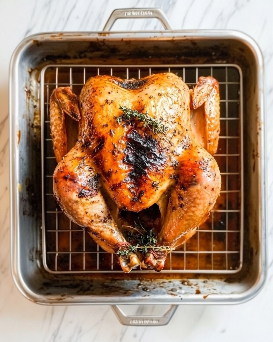 A whole roasted chicken with golden brown skin covered in herbs and spices sits in a white plate on a white marbled surface. The chicken has a crispy, textured skin with bits of rosemary and black pepper visible. A knife slices through the white, moist meat on the breast, held steady by a fork, showing the juicy inside. The plate has a small pool of golden-orange sauce that reflects light. The background is softly blurred cream colors. photo taken with an iphone --ar 4:5 --v 6.1