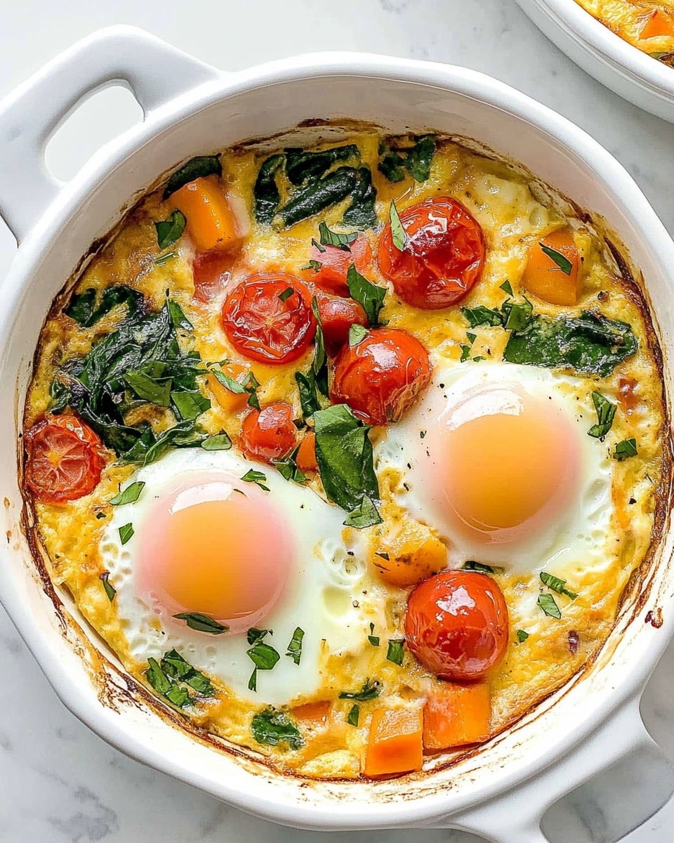 A white round ceramic dish is filled with a baked egg dish showing three main layers. The bottom layer has small orange chunks and wilted dark green spinach mixed with bits of roasted red cherry tomatoes and pinkish small pieces that look like cooked ham or bacon. The middle layer contains a creamy yellow sauce and melted white cheese that covers the vegetables, blending into a smooth texture. On top sits a softly cooked egg with a shiny white around the edges and a bright, slightly runny orange yolk near the center. A woman's hand is holding a piece of toasted bread, dipping it into the dish, breaking the yolk slightly, with the bread s crust and porous inside clearly visible. The dish is placed on a white marbled background, with another similar white dish partially visible in the background. Photo taken with an iphone --ar 4:5 --v 6.1