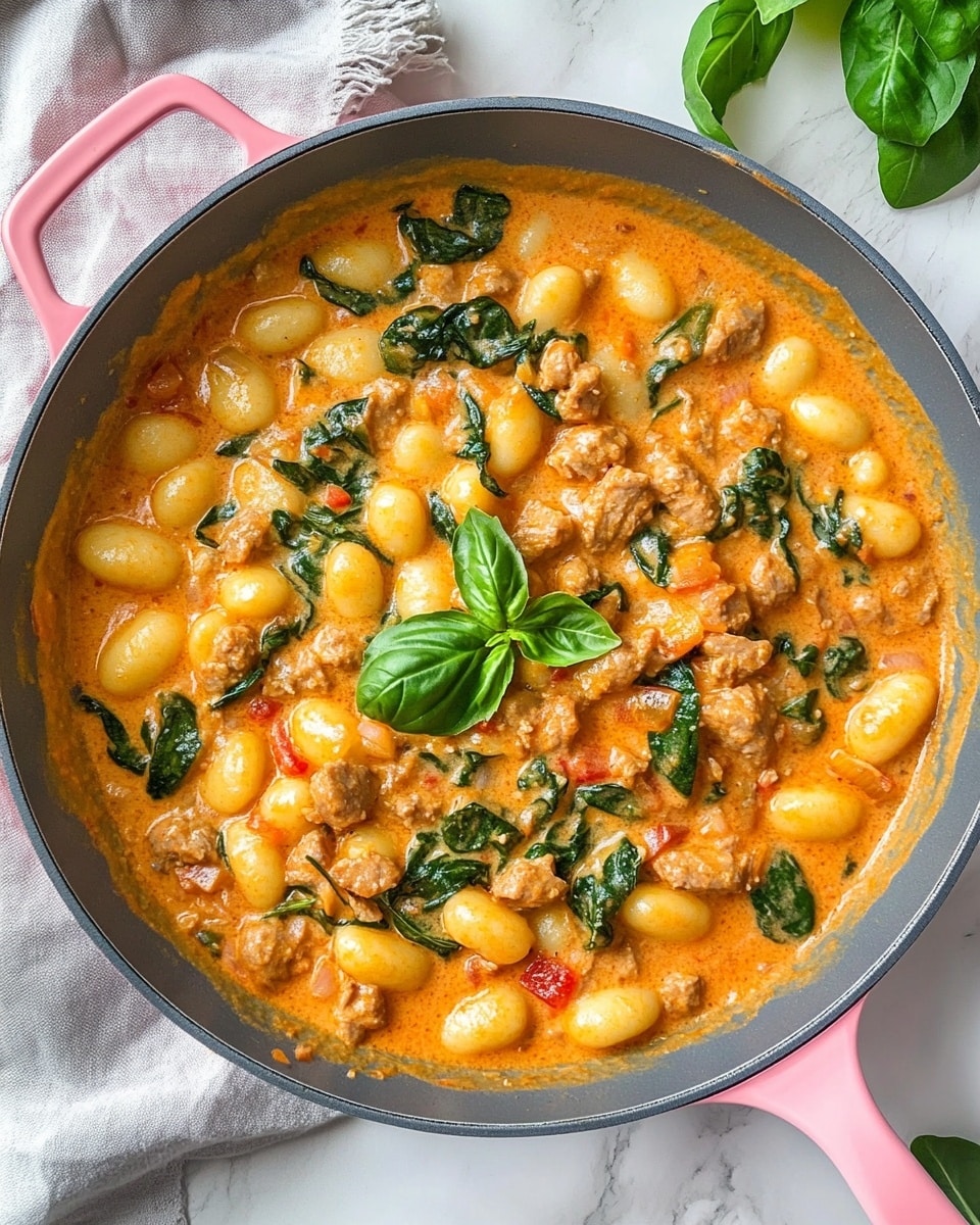The image shows a close-up of a pan filled with creamy yellow gnocchi covered in an orange sauce with visible bits of red sun-dried tomatoes and bright green spinach leaves mixed in. The sauce is thick and smooth, coating the soft gnocchi and the spinach leaves, which appear slightly wilted but still vibrant. At the center, two fresh basil leaves sit on top, adding a glossy, deep green contrast to the warm colors below. The pan is gray and sits on a white marbled surface with a soft cloth partially visible under the pan. photo taken with an iphone --ar 4:5 --v 6.1
