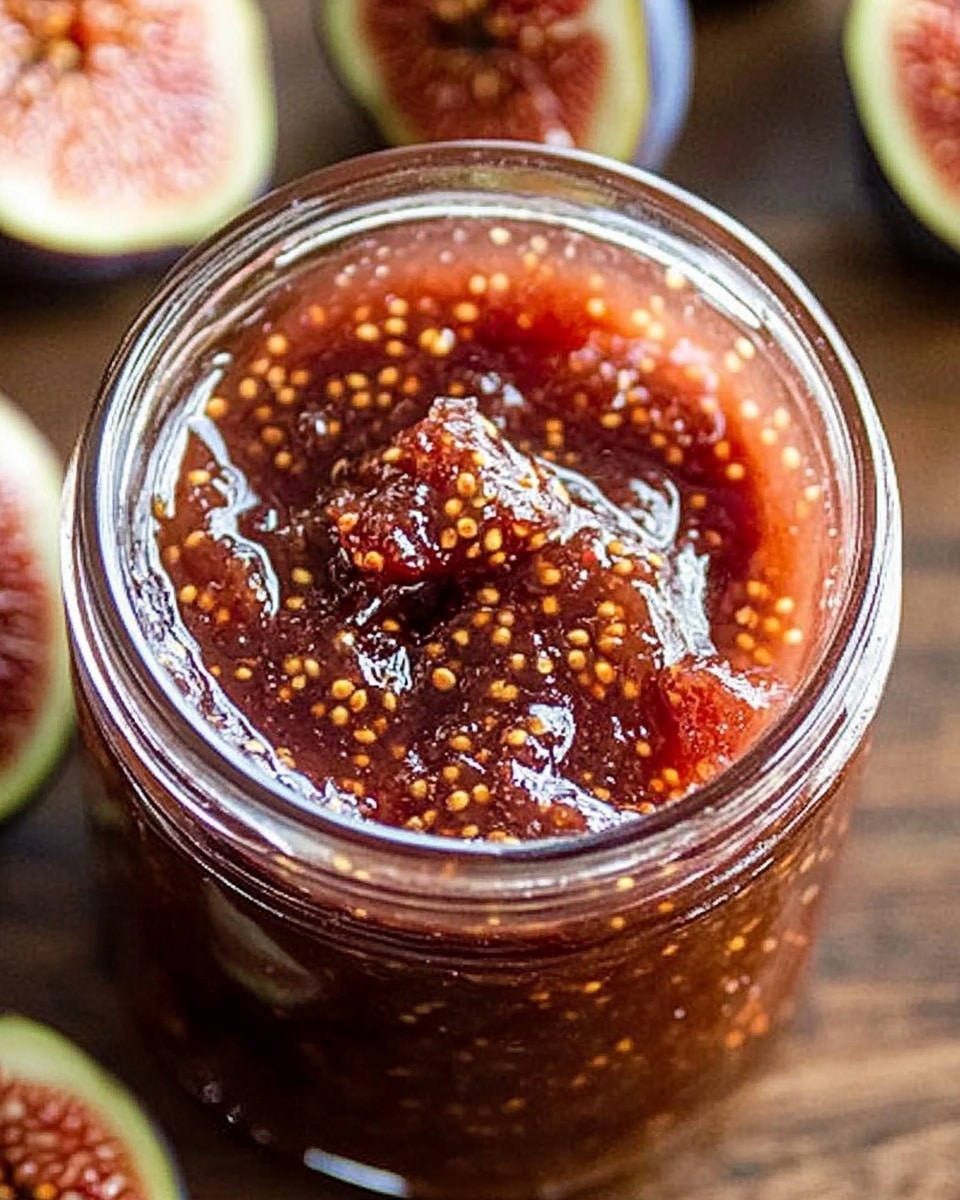 A close-up image of a clear glass jar filled with thick, textured fig jam that shows visible seeds and small fruit pieces with a rich amber and reddish-brown color. The jar is placed on a wooden surface with a few fresh and sliced figs around it, showing soft pinkish-red interiors with tiny seeds. The texture of the jam looks chunky and sticky, filling the jar to the top, and the jar itself has ridged sides and a wide opening. Photo taken with an iphone --ar 4:5 --v 6.1