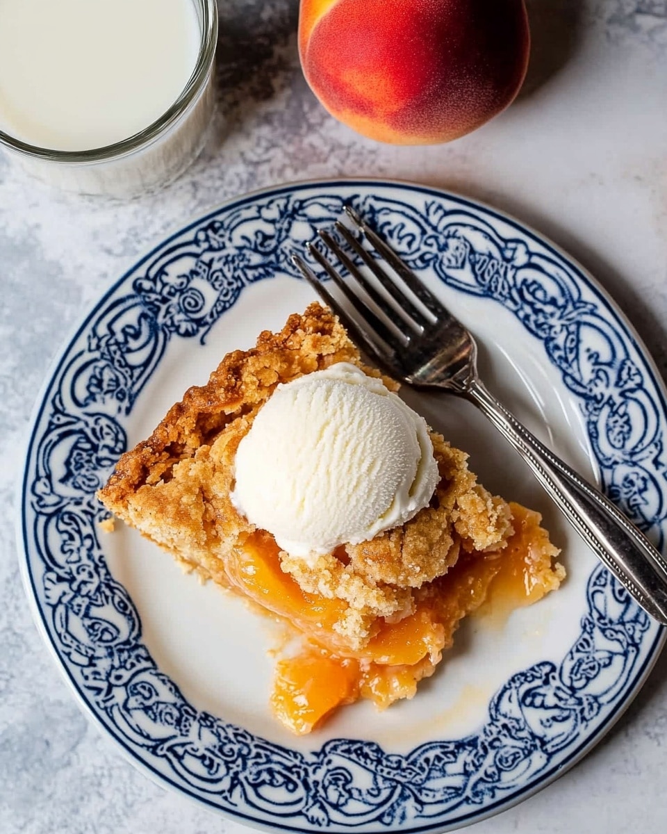 A white plate with a blue pattern holds a slice of peach cobbler with a thick golden brown crust and soft, juicy peach slices beneath it. On top of the cobbler is a round scoop of melting white ice cream, with some ice cream dripping down the cobbler onto the plate. In the background on a dark surface, there is a tall glass of milk that is white and creamy looking, as well as a whole peach that is bright orange-red with a fuzzy texture. Photo taken with an iphone --ar 4:5 --v 6.1